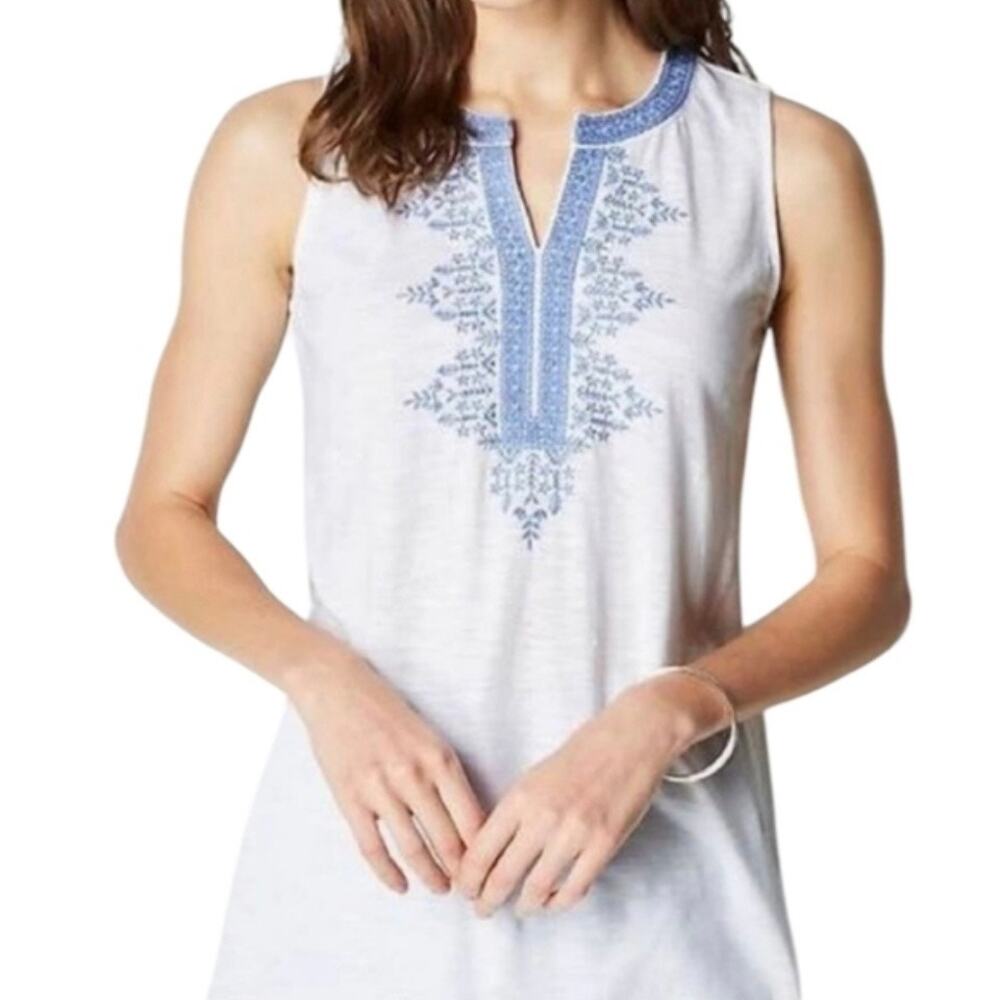 J. Jill White Sleeveless Tunic Blue Embroidery Size M Bohemian Breeze Casual